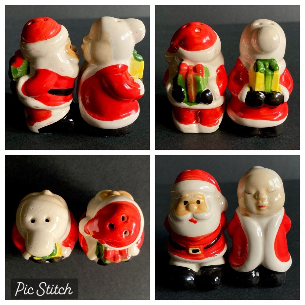 Vtg Santa Mrs Claus Kiss Exchange Gifts Salt Pepper Shaker Set Christmas Holiday